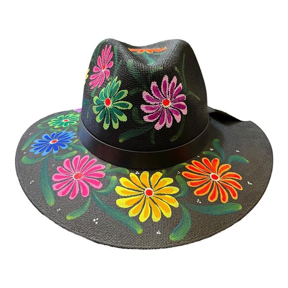 HAT MEXICAN Artisanal Hand Painted Fedora Floral Sombrero Panama Bohemian Black main image 5